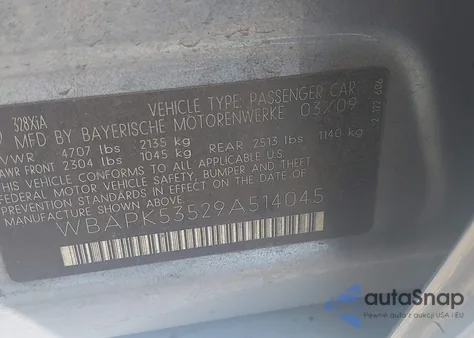 2009 BMW 328I xDrive from USA, damaged, VIN WBAPK53529A514045